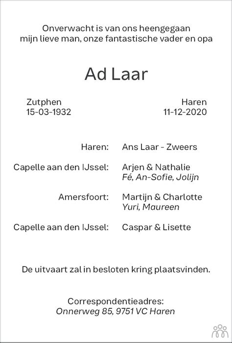 Hier vindt u de overlijdensberichten die in de afgelopen week zijn geplaatst in dagblad van het noorden. Ad Laar 11-12-2020 overlijdensbericht en condoleances ...