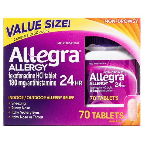 allegra adult 24 hour non drowsy antihistamine allergy relief medicine 180mg tablets 70ct
