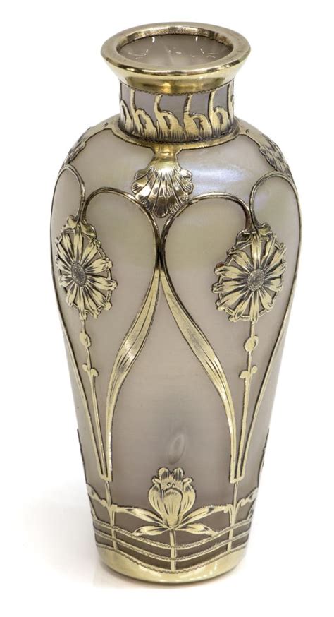 Austrian Silver Overlay Iridescent Art Glass Vase