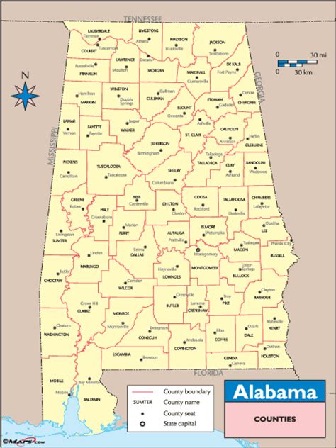 Alabama Counties And County Seats Map By From