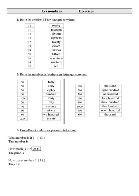 Exercices Les Nombres En Anglais Ce2 Cm1 Cm2