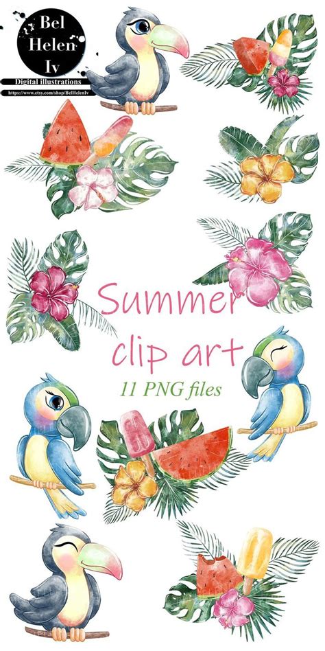 Watercolor Tropical Birds And Flowers Clip Art