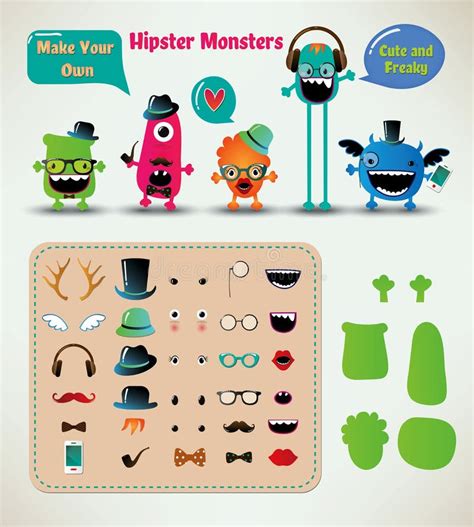 Vector Freaky Hipster Monsters Set Stock Vector Illustration Of