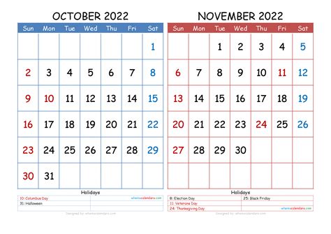 Free October November 2022 Calendar Printable Pdf