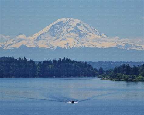 Mount Rainier Lake Washington Seattle Boat On Water