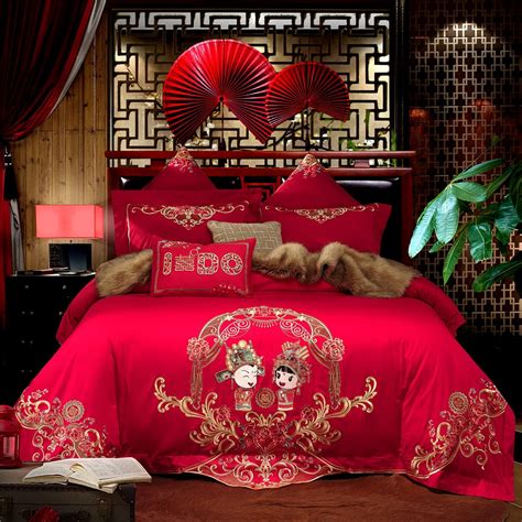 Cotton Red Color Chinese Wedding Bedding Set With Ted Scholars And