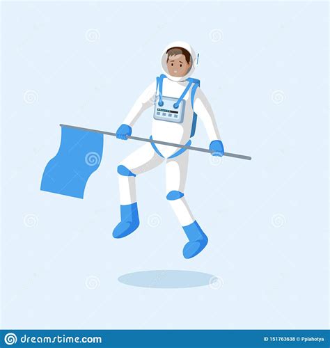 Astronaut With Flag Floating Flat Illustration Male Cosmonaut