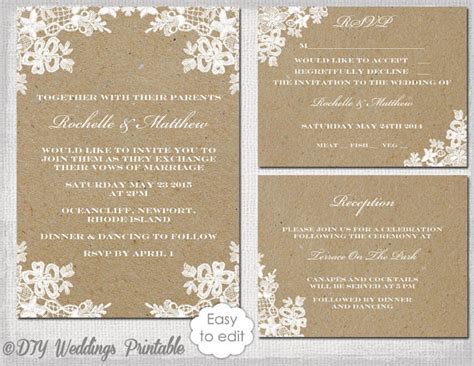 Rustic Wedding Invitation Set Diy Rustic Lace Printable Kraft Wedding