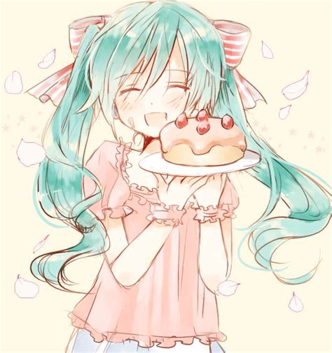 Miku Hatsune Blush Cake Food Happy Open Mouth Petals Strawberry