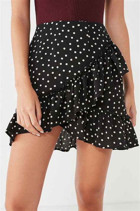 Lyst Urban Outfitters Uo Ruffle Hem Polka Dot Wrap Mini Skirt In Black