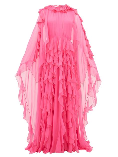 Pink Ruffle Collar Cape Sleeve Silk Chiffon Gown Valentino