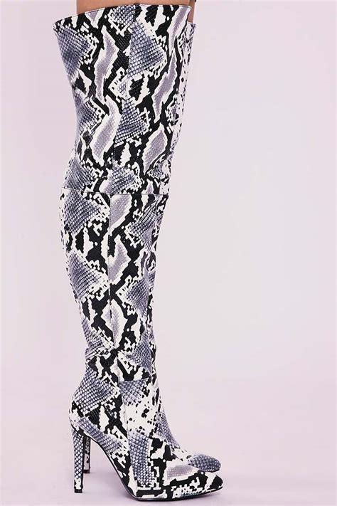 Grey Snake Print Over The Knee Heeled Boots In The Style