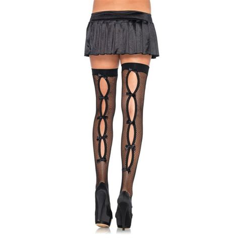 leg avenue women s bow back seam thigh high stockings black one size