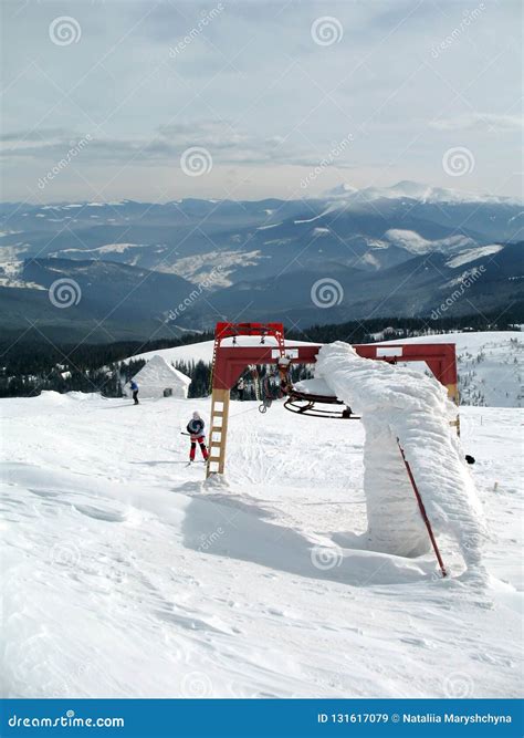 Ski Lift On Snow Covered Mountain Peaks On High Stock Image Image Of