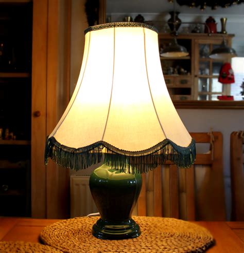Vintage Green Ceramic Table Lamp Bedside Electric Lamp Beige Fringe