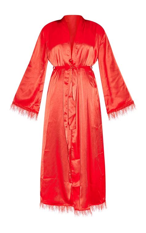 Red Satin Feather Trim Long Robe Prettylittlething Usa