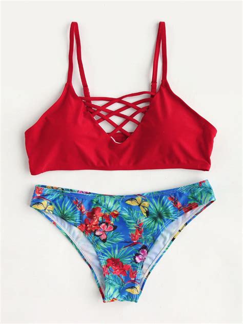 Shop Butterfly Print Lattice Front Mix And Match Bikini Set Online Shein Offers Butterfly Print