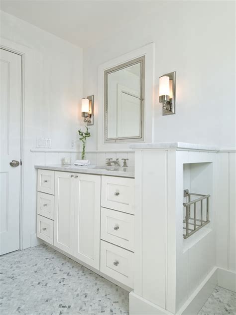Marble Herringbone Tile Floor Cottage Bathroom