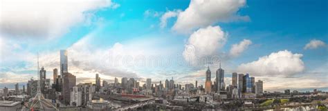 Aerial Panoramic View Of Melbourne Skyline At Dusk Australia Stock