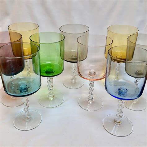 Vintage Multi Colored Cylindrical Wine Glasses With Twisted Stems It