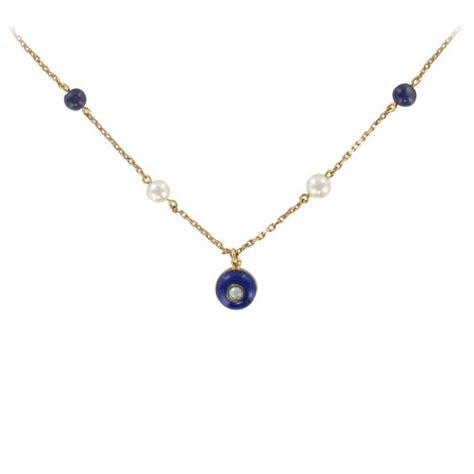 French 19th Century Pearls Lapis Lazuli Enamel And Gold Necklace For
