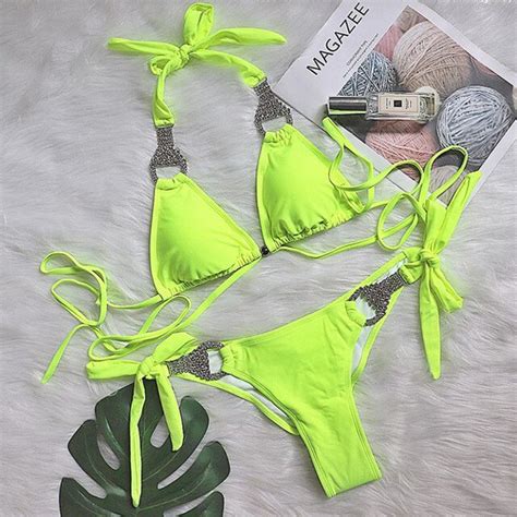 Minqchen Neon Green Swimsuit Women Diamond Bikini Set Low Waist Swimwear Women String Backless