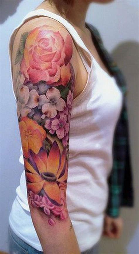 Colorful Flower Full Arm Sleeve Tattoo Ideas For Women Watercolor Floral Bicep Tat Idea