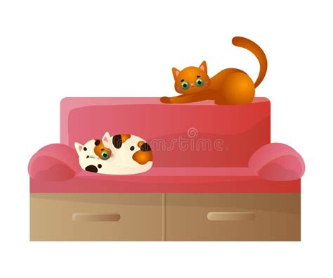 Set Of Domestic Cats Relaxing On Armchairs And Coaches Stock Vector