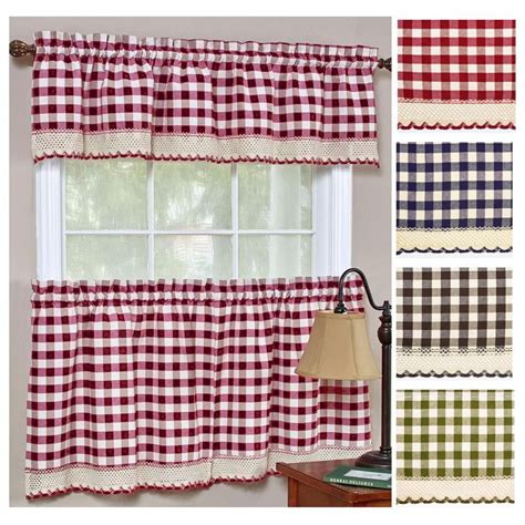 Buffalo Gingham Check Kitchen Tier Curtains With Crochet Border