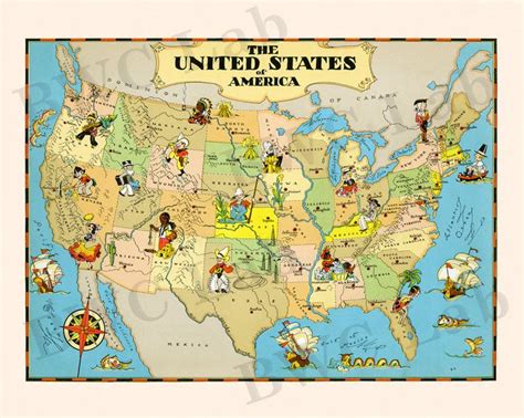 Vintage Pictorial Map Of United States By Ruth Taylor Vintage Usa