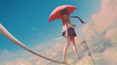 457098 Umbrella Anime Girls Sky Barefoot Clouds Miniskirt Anime