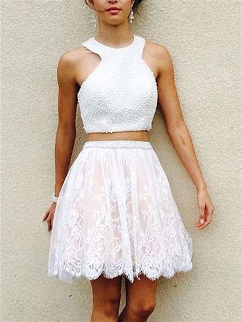 Two Piece Homecoming Dress Sexy Lace Beading Short Prom Dress Party Dr