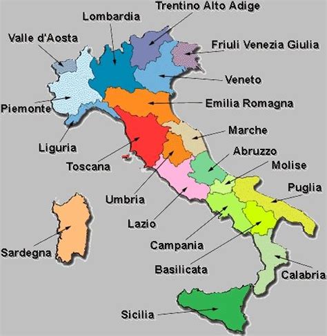 En la siguiente tabla se muestra las 20 regiones que componen el territorio de italia, agrupadas por área geopolítica, indicando la capital, sigla y el número que lo identifica en el mapa ubicado a la derecha. Documentos Italianos - Apellidos Italianos - Localizamos ...