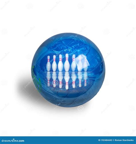 A Blue Bowling Ball That Reflects Bowling Pins Stock Photo Image Of