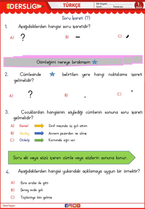 1 Sınıf Türkçe Soru İşareti Yaprak Test DersLig