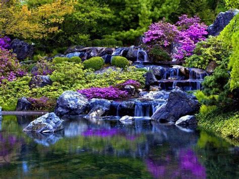 Waterfall With Purple Flowers A Wonderful World Of