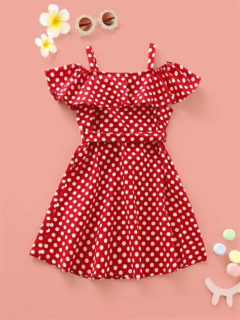 Toddler Girls Polka Dot Open Shoulder Belted A Line Dress Shein Usa