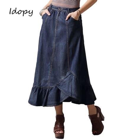Idopy Womens Fashion Long Denim Skirts Ruffles Vintage Maxi Jeans