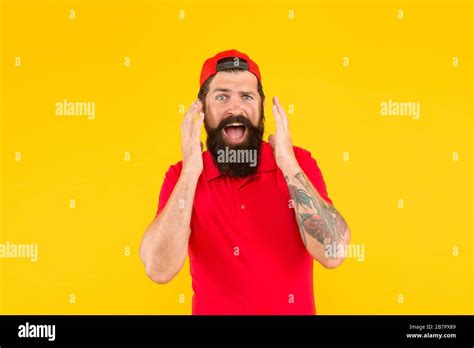 Surprised Of Rapid Beard Growth Bearded Man Open Mouth With Surprise Yellow Background Hipster