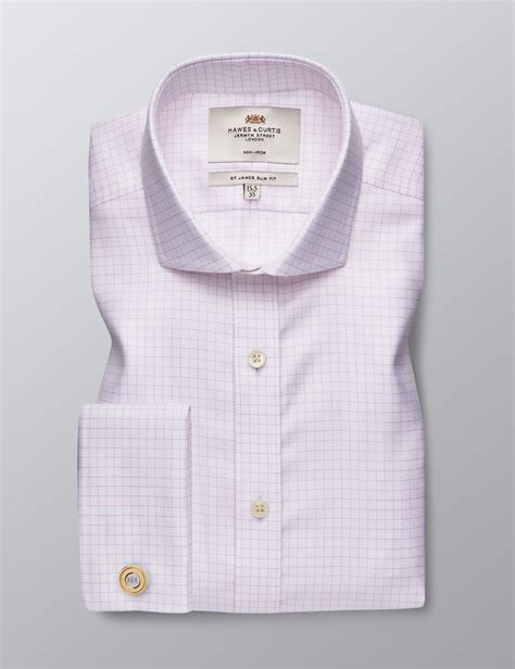 Men S Formal Pink White Grid Check Slim Fit Shirt Double Cuff