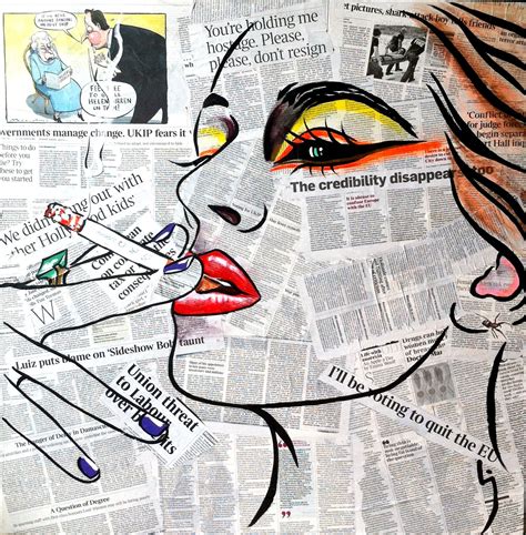 A Womans Face Is Painted On Top Of A Newspaper With Words And Images