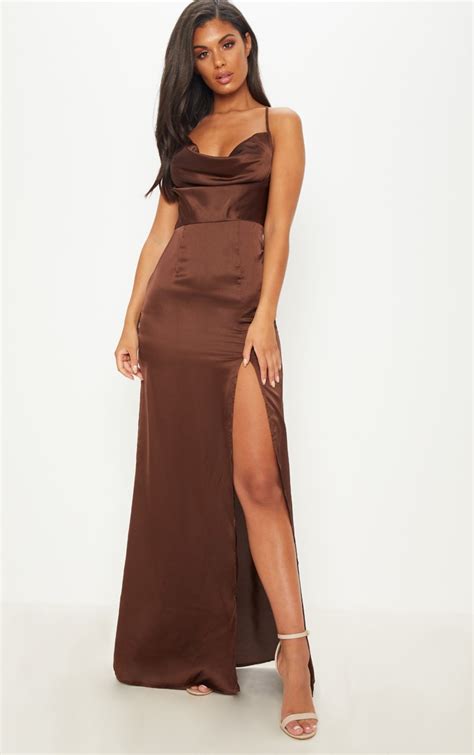 Chocolate Brown Cowl Split Maxi Dress Prettylittlething Qa