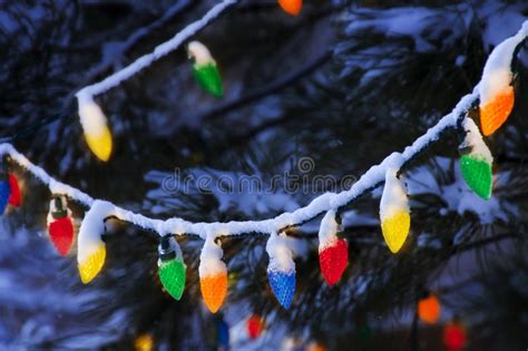Brightly Colored Christmas Lights Hang From Snow Covered