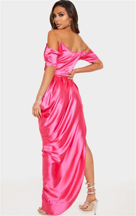 Hot Pink Satin Hem Maxi Dress Prettylittlething Ca