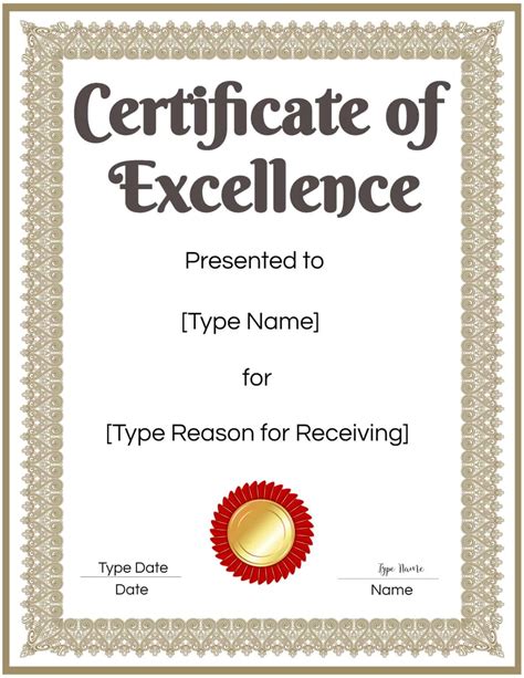 Free Editable Certificate Of Excellence