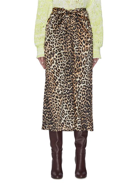 Ganni Leopard Print Silk Blend Satin Midi Skirt Modesens