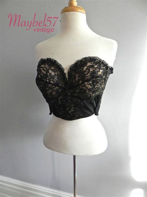 Vintage 50s Bra Black Lace And Gold Bustier Strapless Basque Etsy