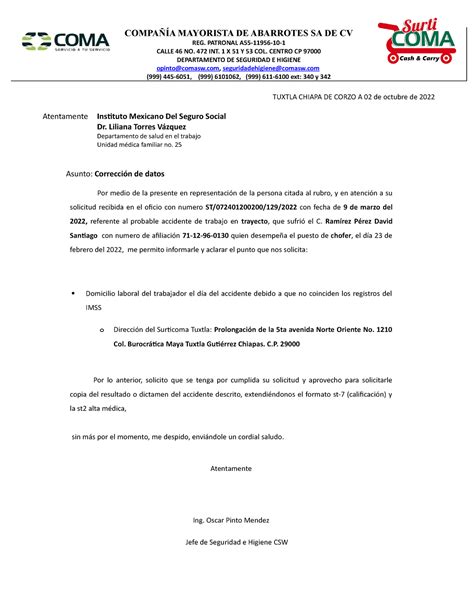 Carta Aclaratoria Tuxtla CompaÑÍa Mayorista De Abarrotes Sa De Cv Reg