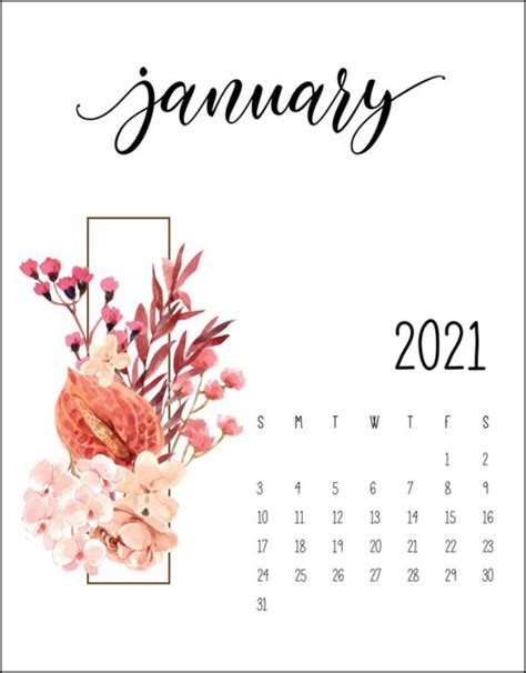 Floral Calendar January 2021 January Calendar Calendar Monthly Planner