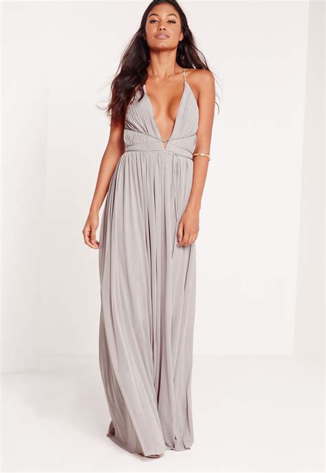 Missguided Strappy Pleated Plunge Maxi Dress Grey Maxi Dress Grey